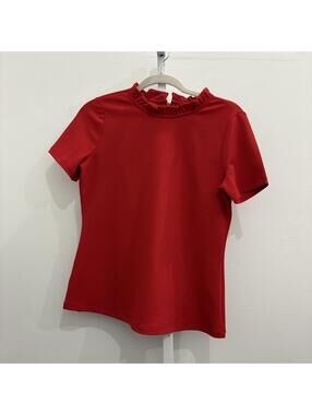 Ann Taylor Red Ruffled Neck Short Sleeve Top